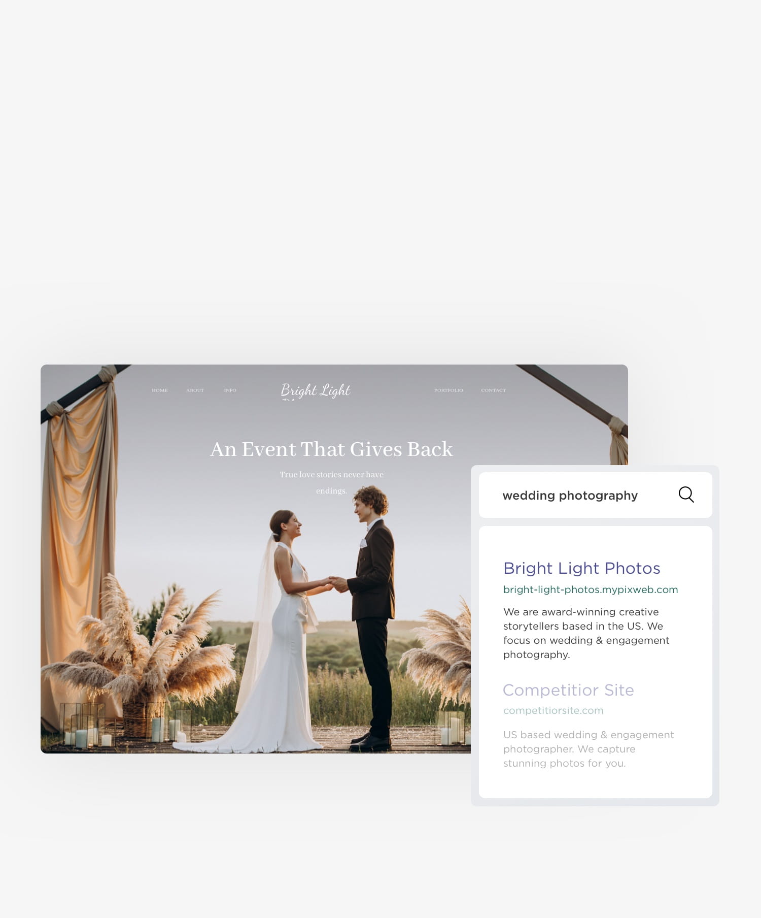 graphic showing a photography website created by zno website ranks first on search engines when key words wedding photography are searched