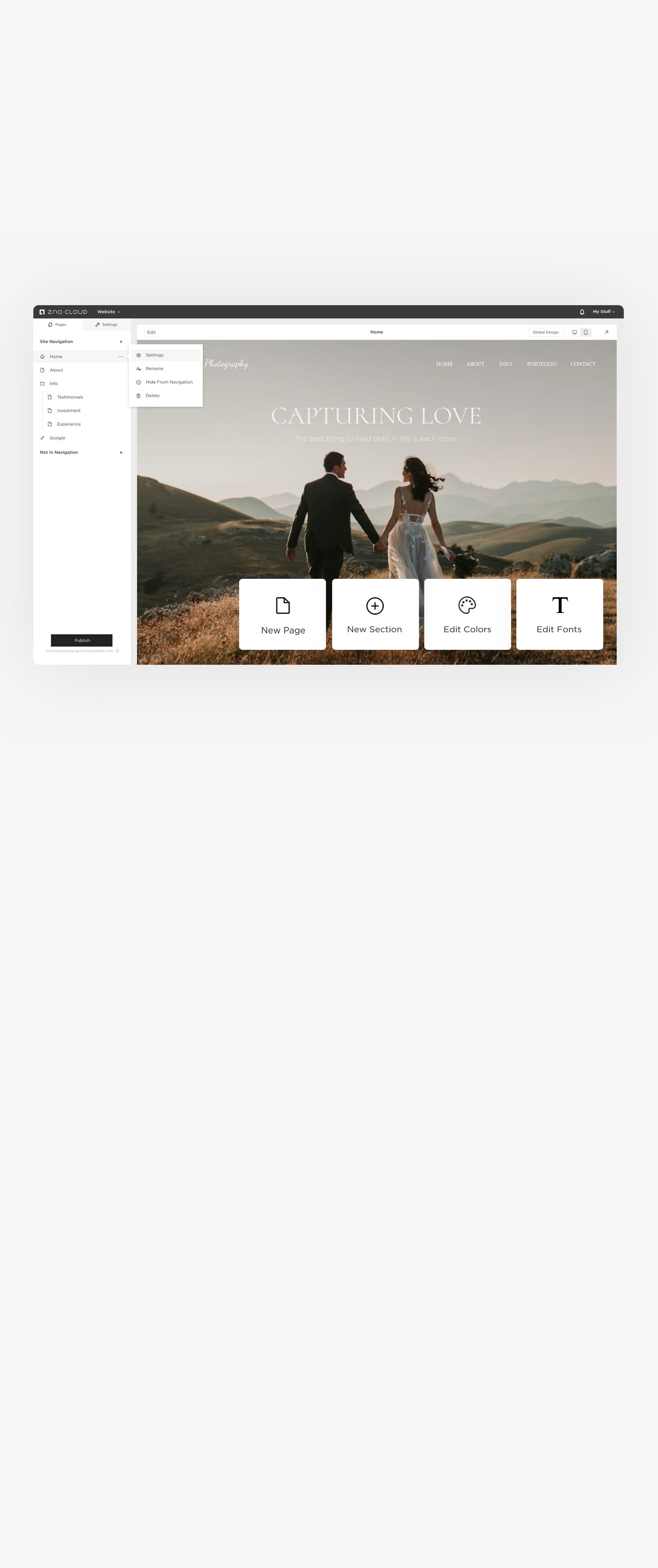 graphic showing how easy building a website is with pre-populated pages, sections, colors and fonts within zno website
