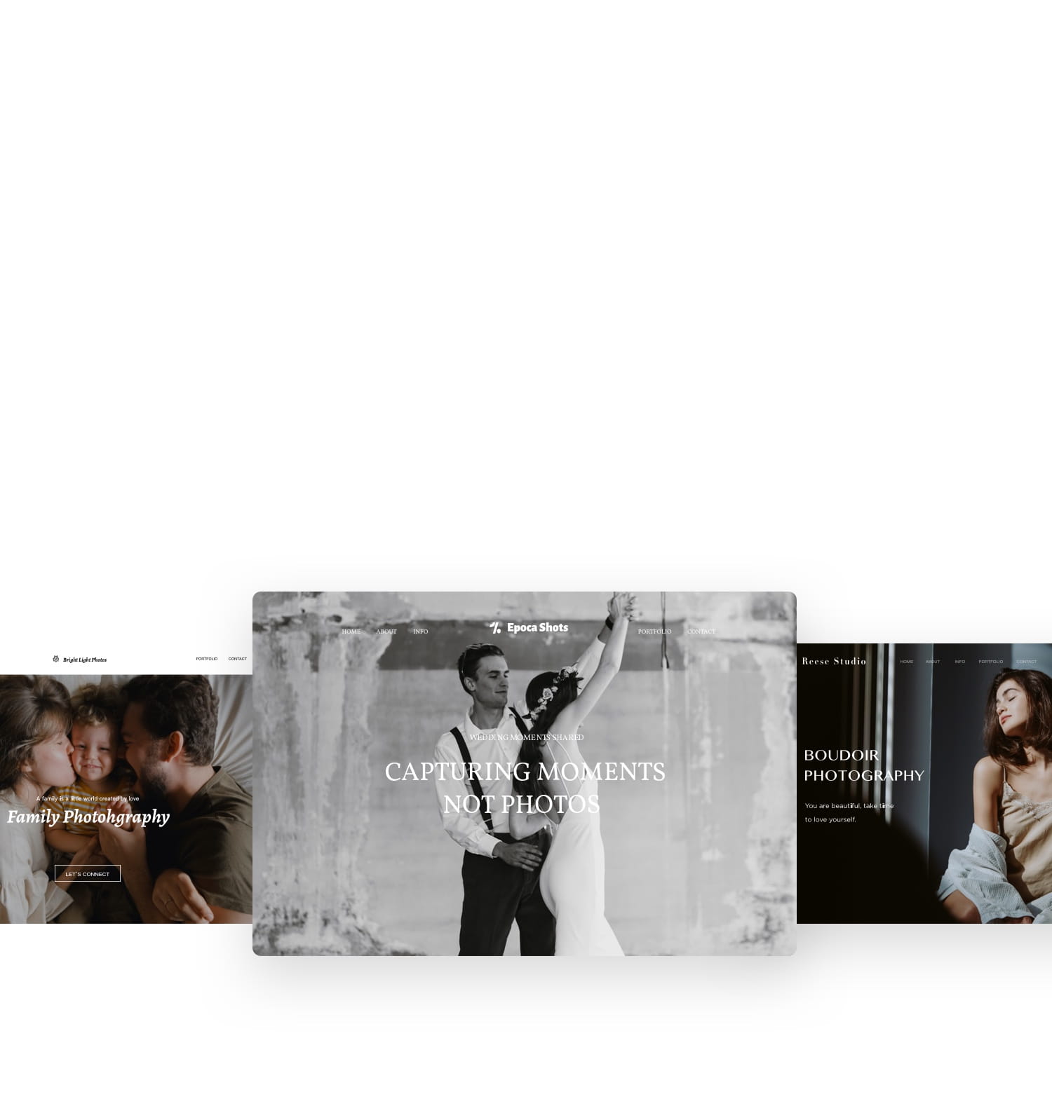 graphic showing modern ready-to-go family, wedding and boudoir website templates within zno website