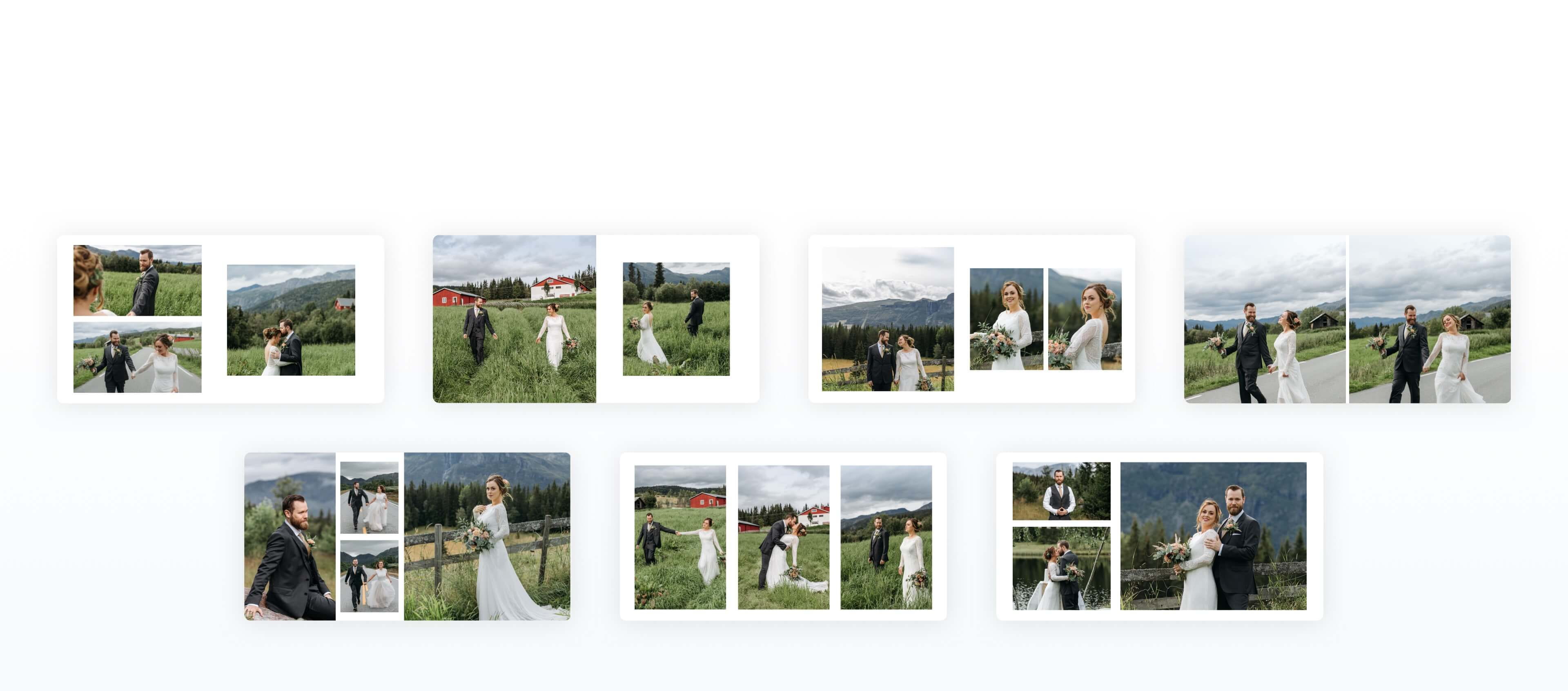 graphic showing auto built album designs for a wedding couple with a click at auto fill
