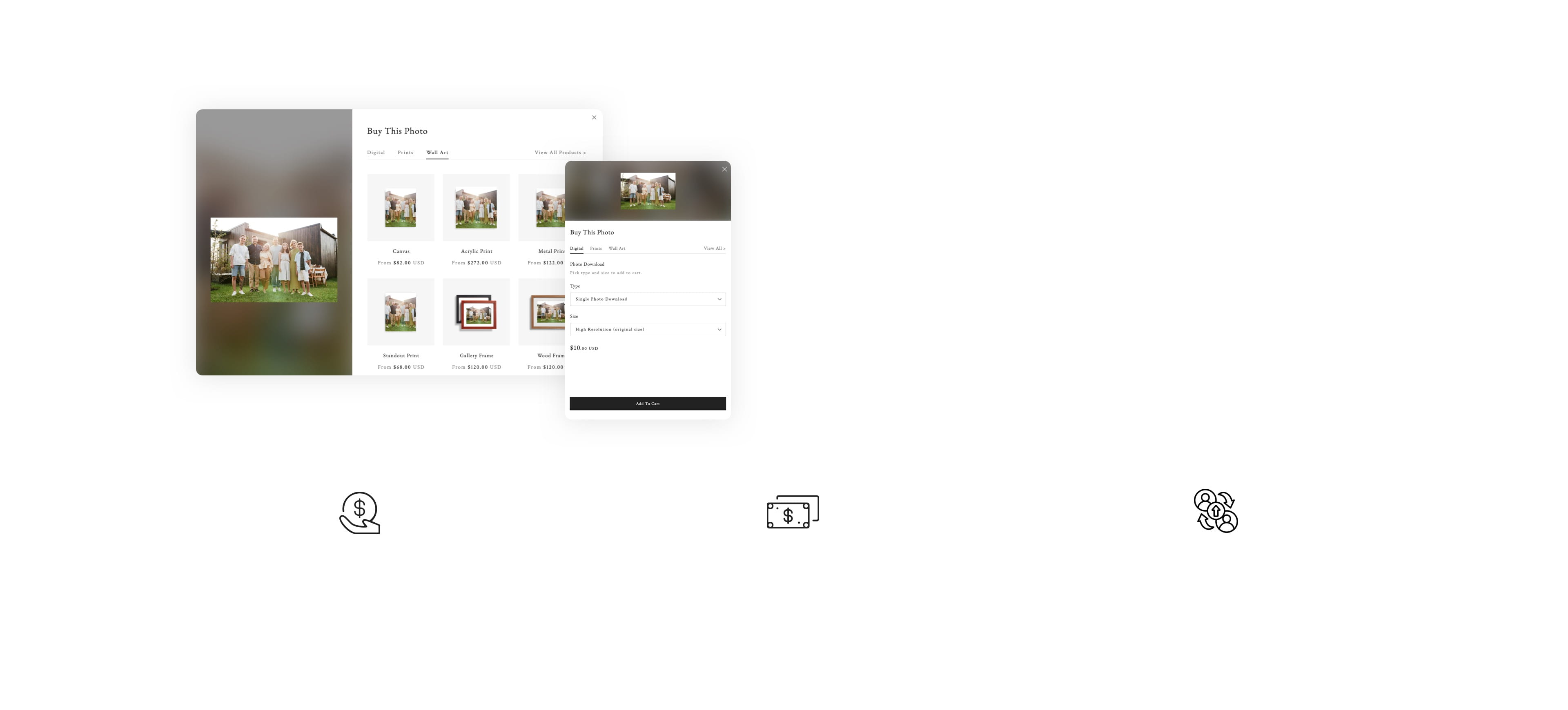 Zno Instant e-store interface screenshot, showcasing options to sell both printed products and digital photo files.