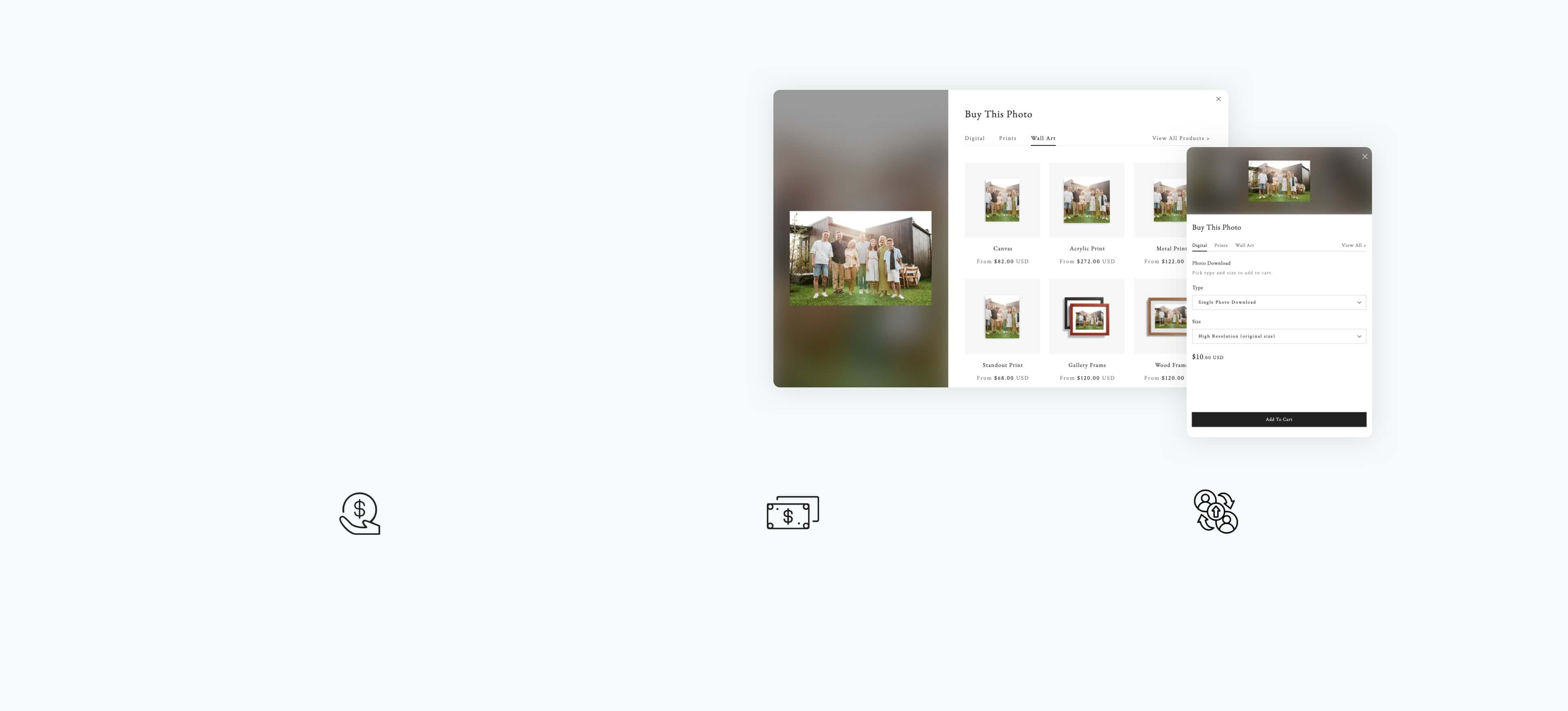 Zno Instant e-store interface screenshot, showcasing options to sell both printed products and digital photo files.