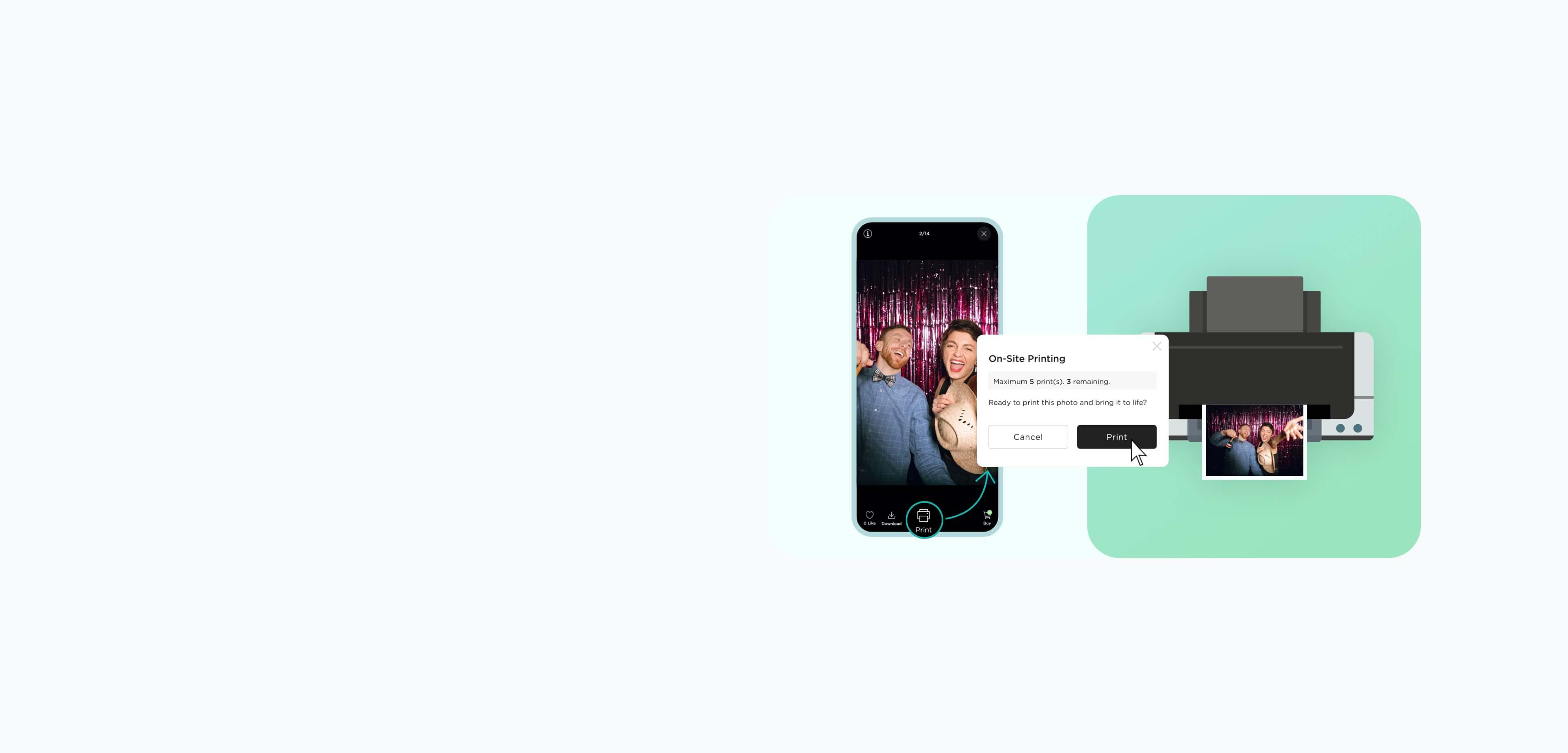 Consumer-facing Instant Gallery preview and a printer.