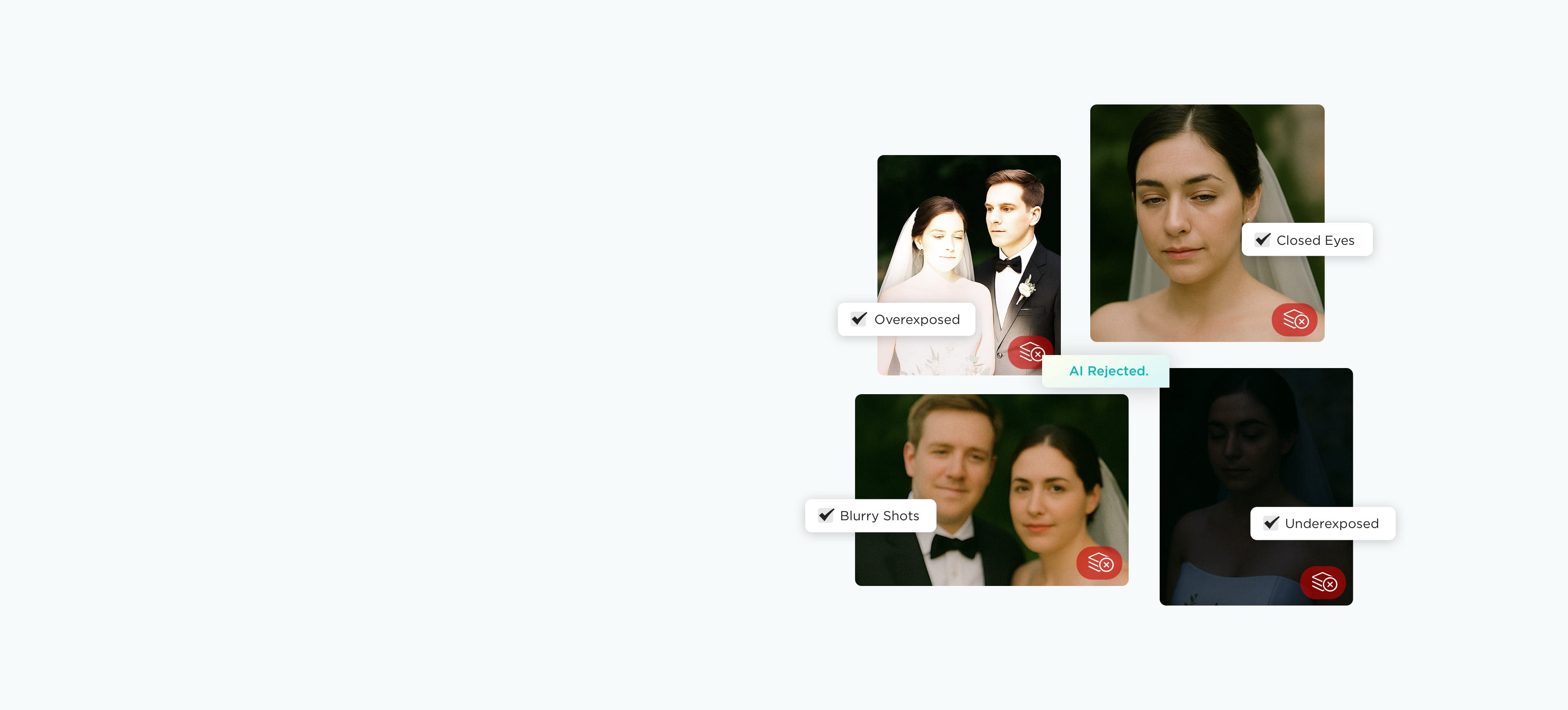 Graphic demonstrating AI-powered photo culling that removes images with closed eyes, blur, duplicates, or poor exposure.