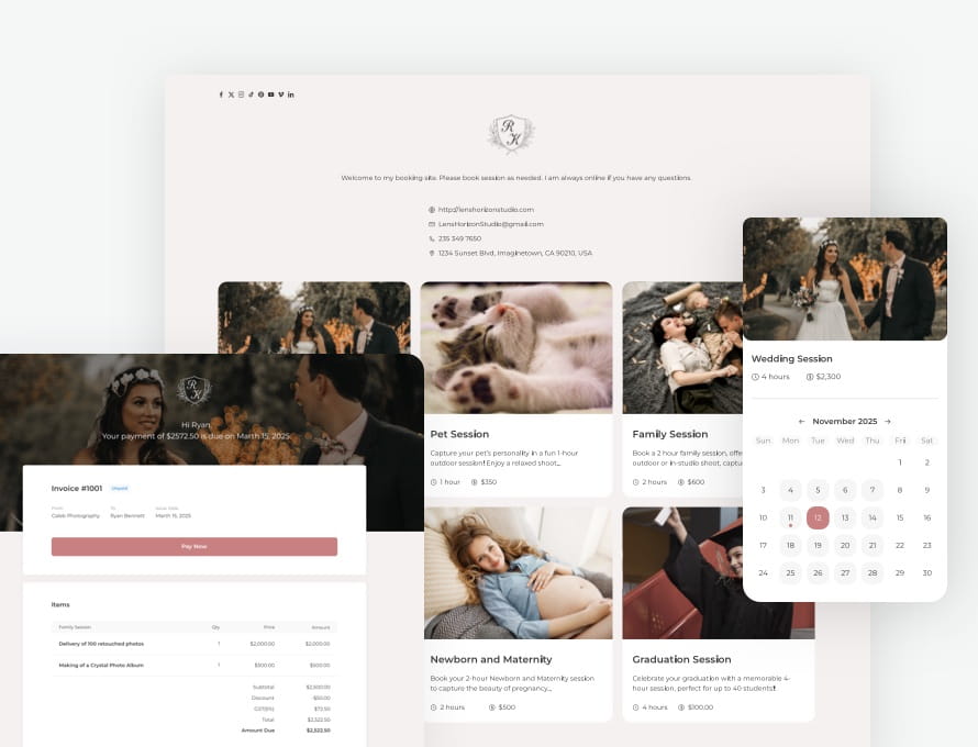 graphic showing the photography workflow: attract new clients with modern websites, book them with Zno Studio Manager, and impress them with Zno Gallery — all in one bundle of apps. 