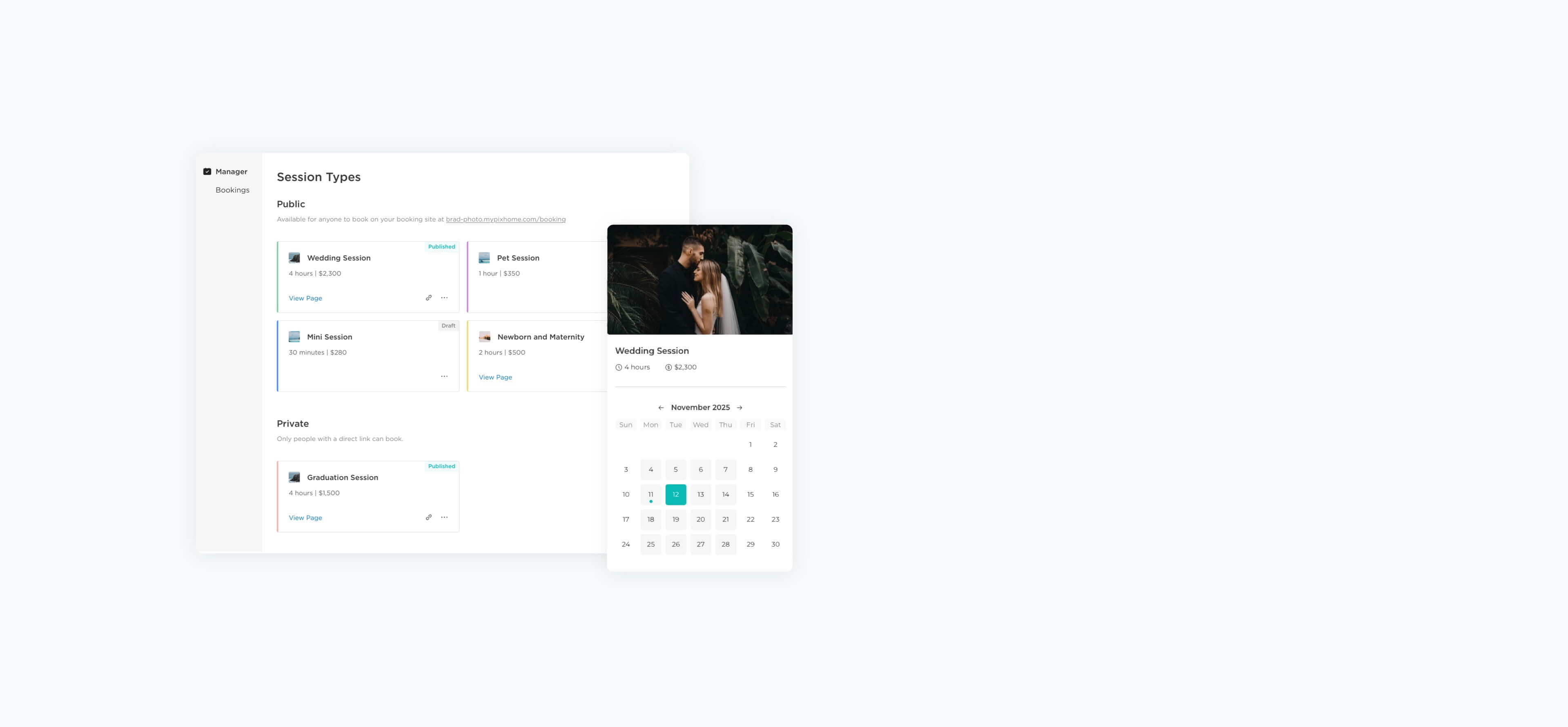 graphic showing the Zno Studio Manager interface with session types setup and a client-facing calendar booking view