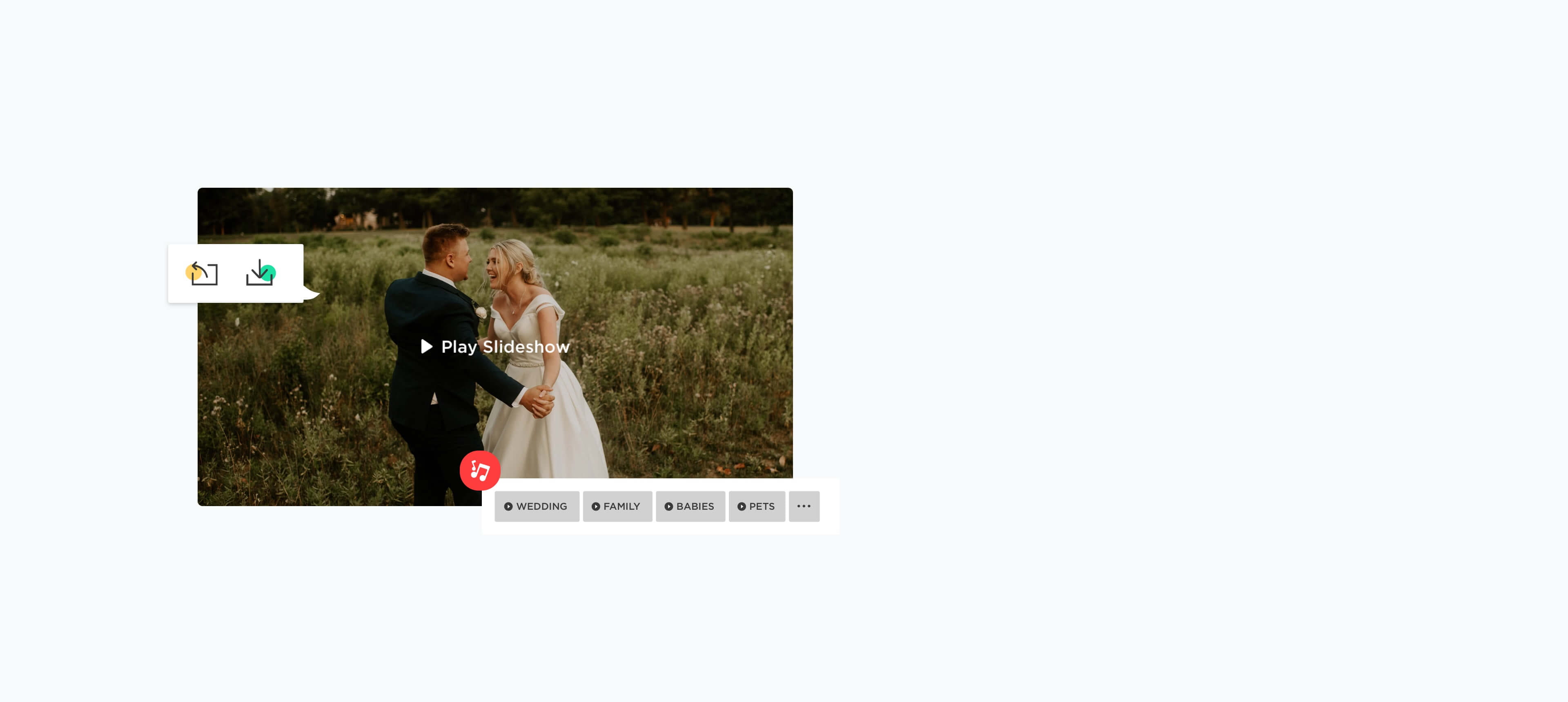 graphic showing a wedding slideshow for a couple with download and music features shown on interface
