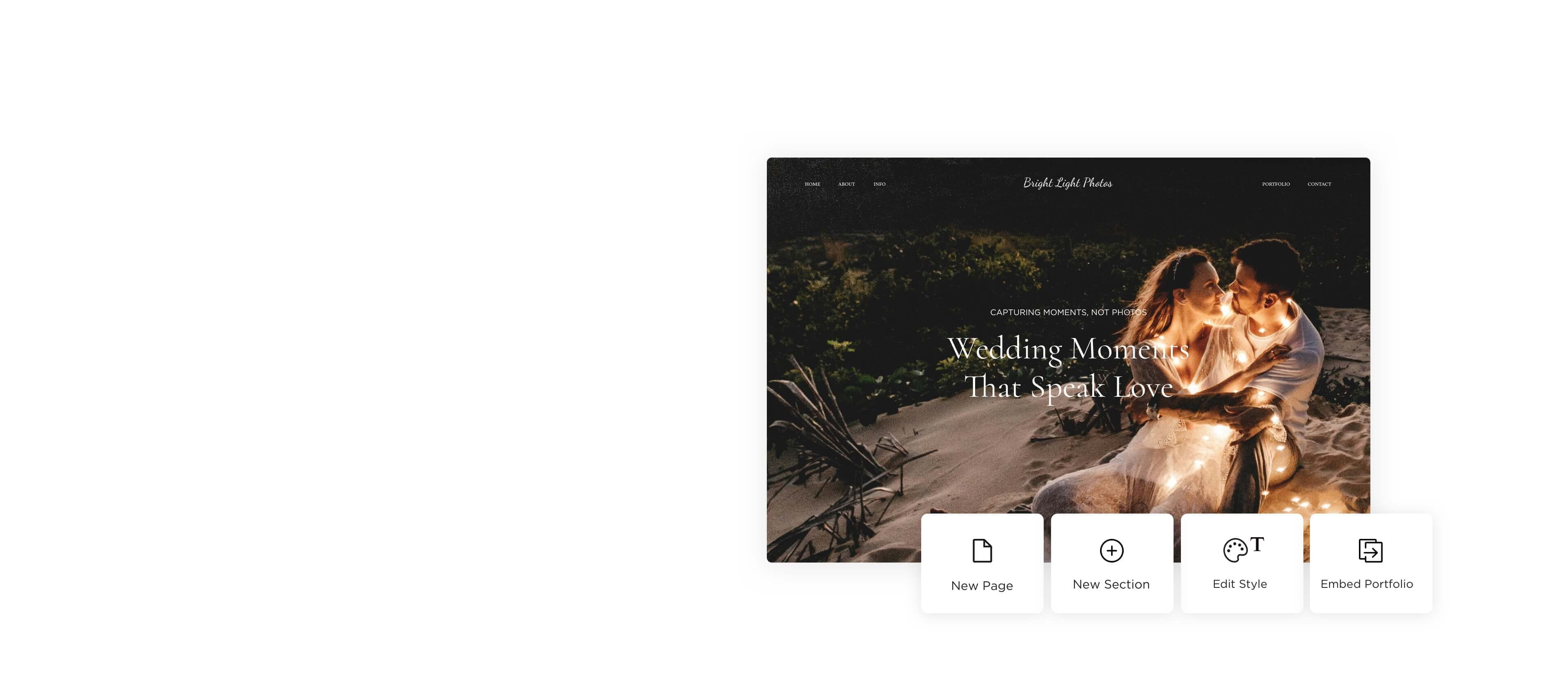 graphic showing a wedding photography website hero with adding sections and embedding portfolio features shown on interface