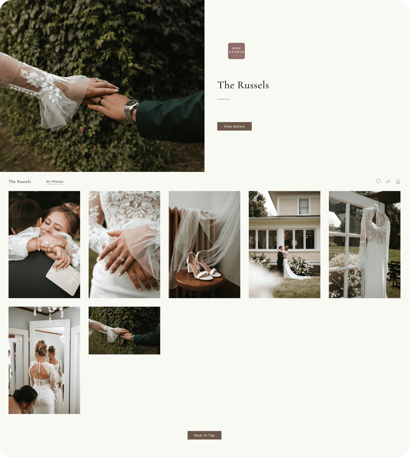 Wedding client photo gallery example in an online gallery for photographers