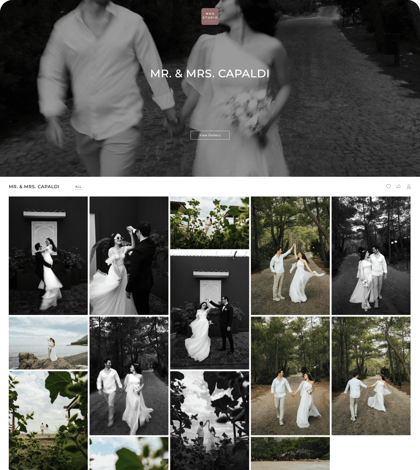 Wedding client photo gallery example in an online gallery for photographers