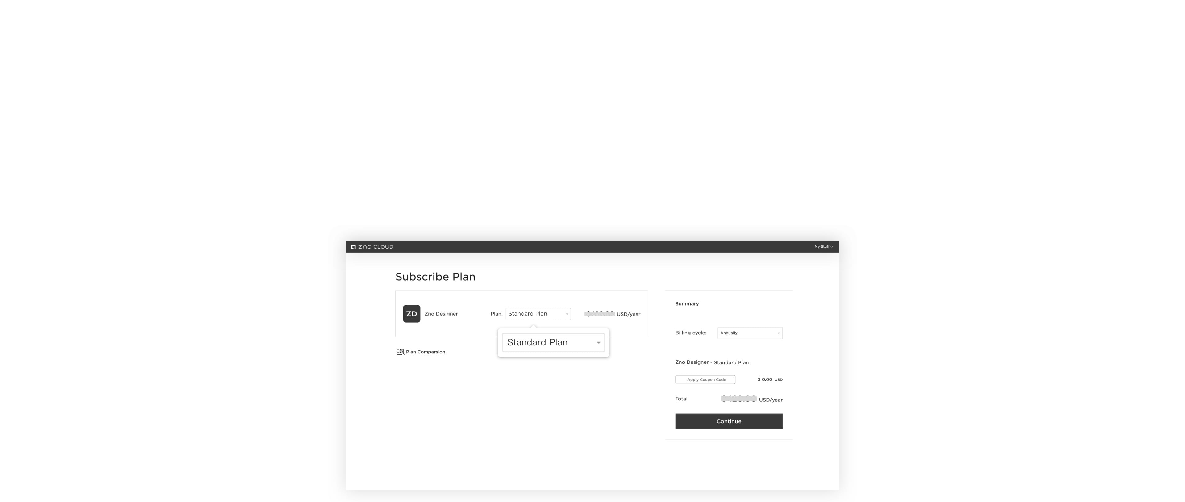 image of subscribing to zno designer standard plan